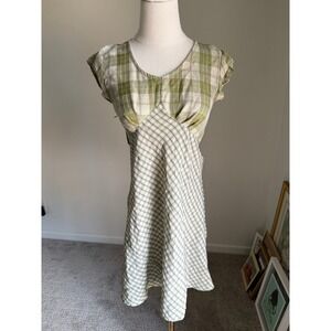 UNIF Dress Plaid Green White Cap Sleeve Mini V Neck Retro Empire Waist Small